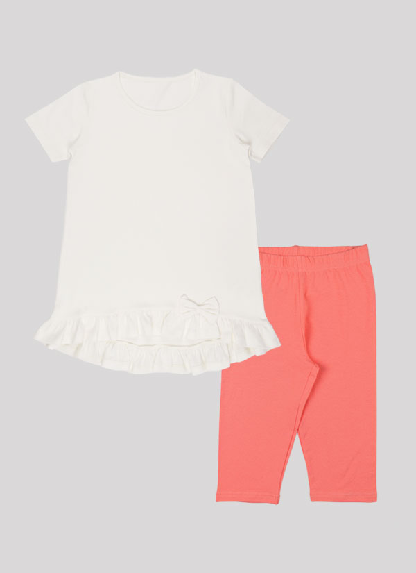 Дълга блуза с панделка + клин 7/8 е комплект от свободна блуза с волан на талията и малка панделка в цвят екрю и класически клин с дължина 7/8 в цвят праскова, Момичета 4 - 12 години, Zinc