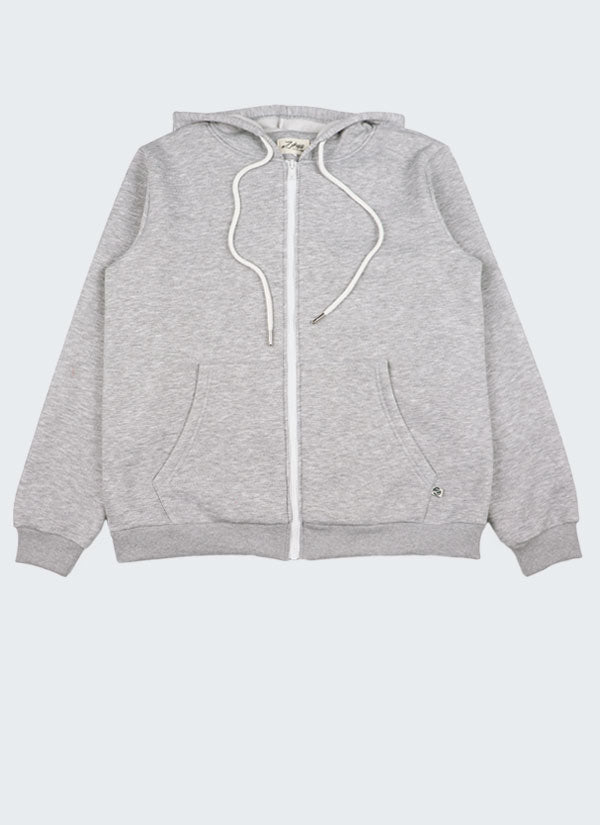 Дамски суитшърт от дебел ватиран плат в цвят сив меланж е класически модел с качулка, маншети на ръкавите и талията, закопчаване с цип отпред и два външни джоба, Жени, S - XL, Zinc