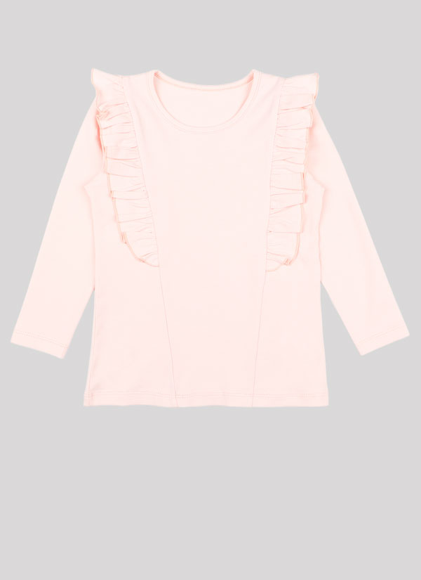 К-т блуза с къдри и панталон с ръбове се състои от вталена блуза с къдри отпред и нежен принт на цветя в цвят пудра и панталон с ръб с два странични джоба и обърнат подгъв на крачолите в цвят сьомга, блуза, Момичета 1 - 5 години, Zinc