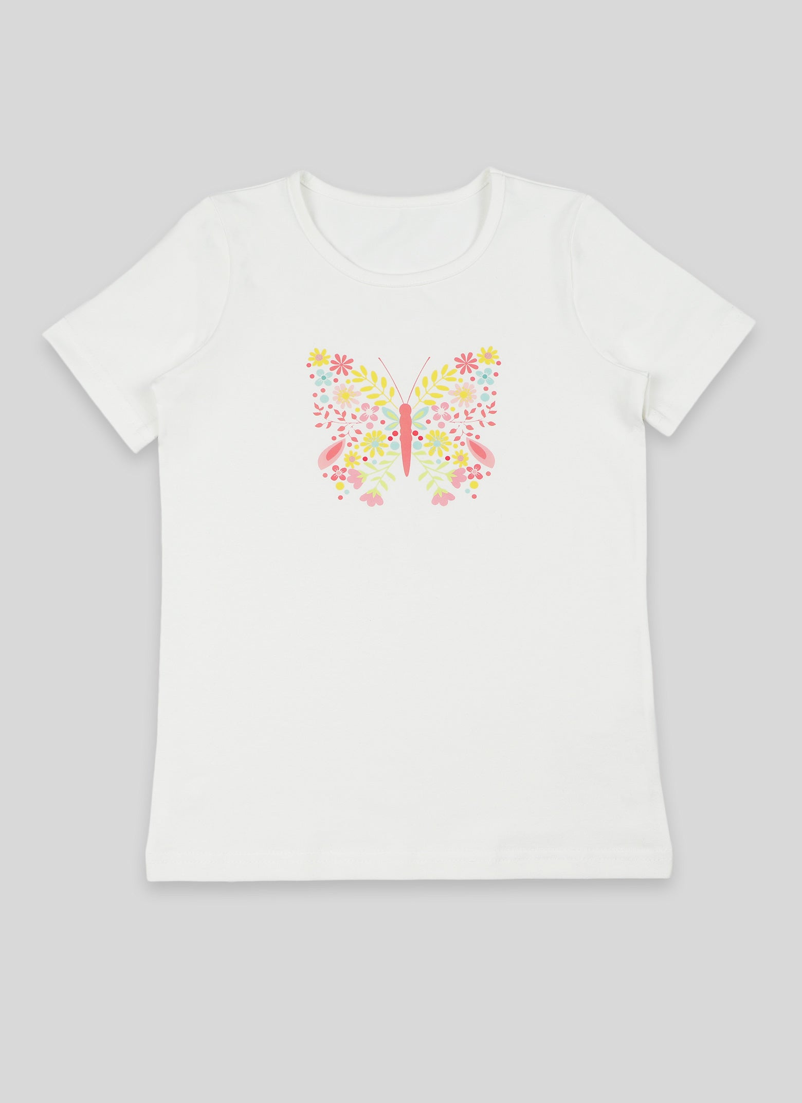 Тениска с пеперуда е с класическа кройка и с флорален принт, с подгъв на ръкавите и талията в цвят екрю, Момичета 4 - 10 години, Zinc