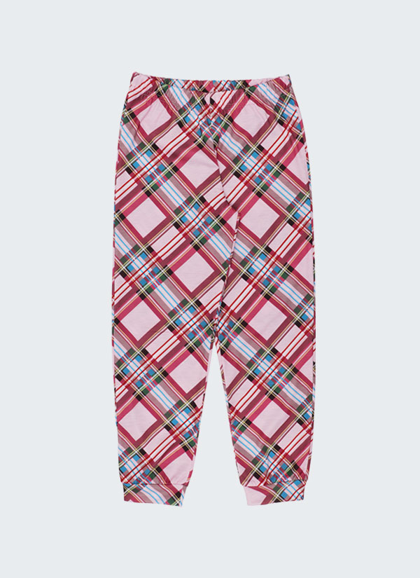 Пижама с каре се състои от две части - блуза с дълъг ръкав, подгъв на талията и маншети от каре в розов цвят и малки къдри на рамото, заедно с изчистено долнище с ластик на талията и маншет на крачолите на розово каре, снимка долнище Момичета 5 - 12 години, Zinc