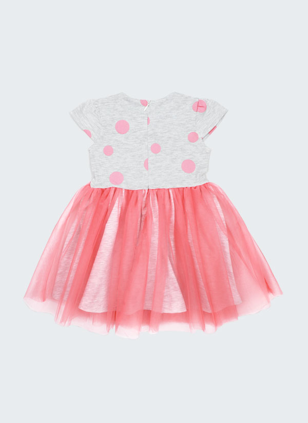 Рокля на точки с тюл и лента за коса е модел с къс ръкав, който се закопчава със скрит цип на гърба. Роклята е с принт на точки и разкроена долна част покрита с тюл в цвят бял меланж и тюл в цвят сьомга, и класическа лента за коса с панделка с цвета роклята,снимка гръб, Бебе момиче 0 - 2 години, Zinc