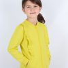 Суитшърт с къдри е класически модел с два странични джоба, закопчаване с цип и къдри от рамото до джоба в цвят патешко жълт, снимка с модел, Момичета 2 - 5 години, Zinc