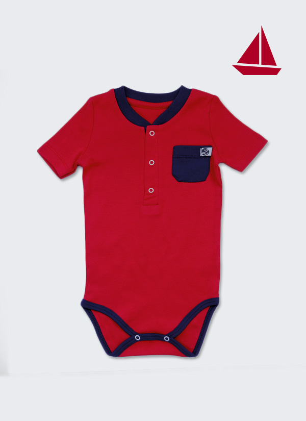 Бебешко боди, спортна риза с къс ръкав, червен с тъмно син джоб, 6-12 месеца, Zinc
