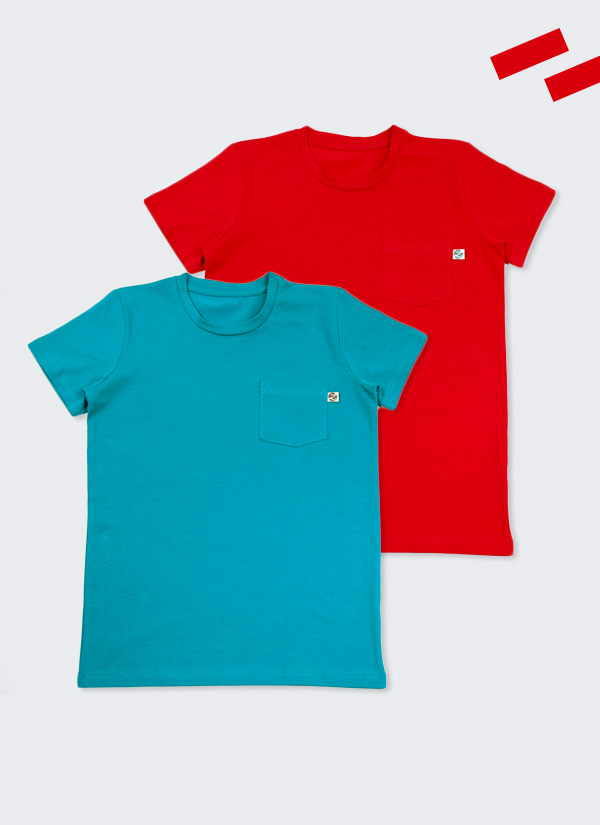 ZINC Комплект от 2 тениски с джоб - тъмен петрол и червен, в размери от 6 до 12 години