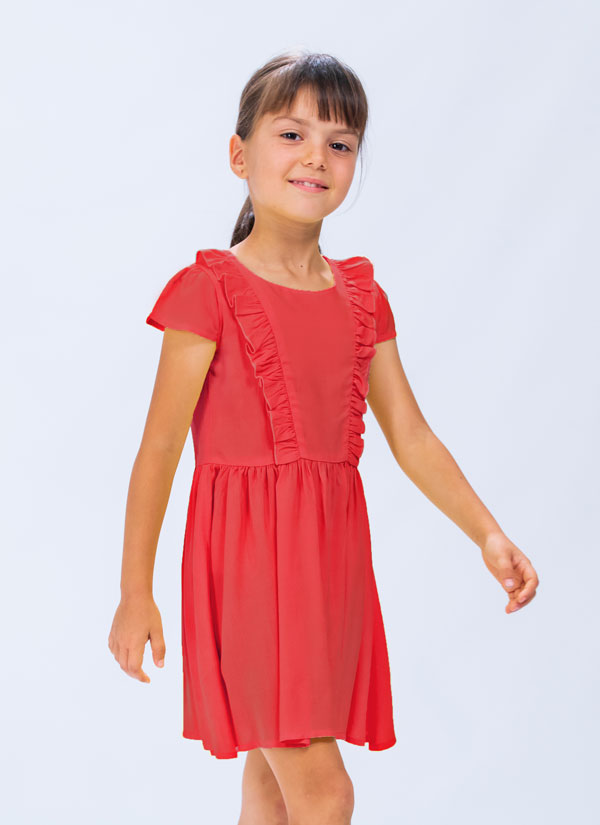 ZINC Романтична рокля с къдри - корал, в размери от 2 до 9 години -1