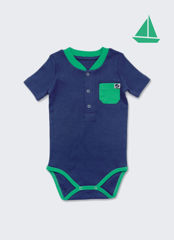 Бебешко боди, спортна риза с къс ръкав, тъмно син и зелен джоб, 6-12 месеца, Zinc