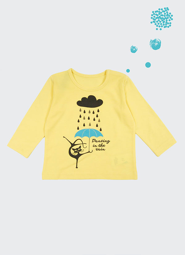 ZINC Блуза с коте - Танц в дъжда - за момичета, жълта, в размери от 6 месеца до 2 години -1
