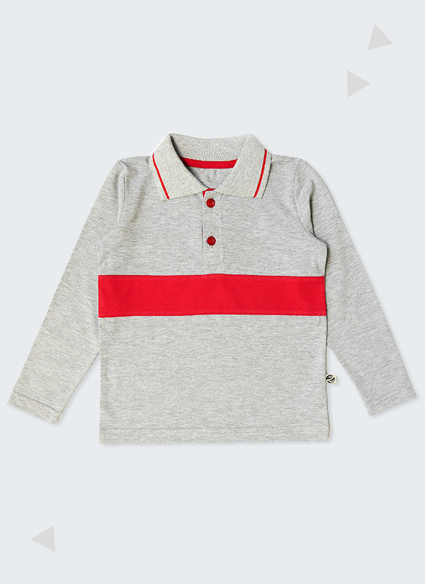 Риза с дълъг ръкав и цветна лента, тип поло, сив цвят с червена лента, за момчета, 1-5 години, Zinc
