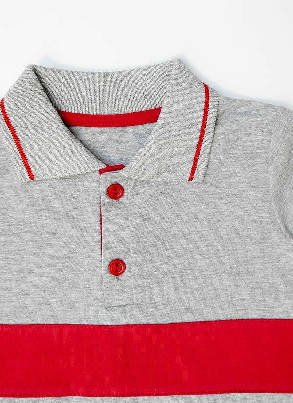 Риза с цветна лента, тип поло, сив цвят с червена лента, за момчета, 1-5 години, Zinc, отблизо