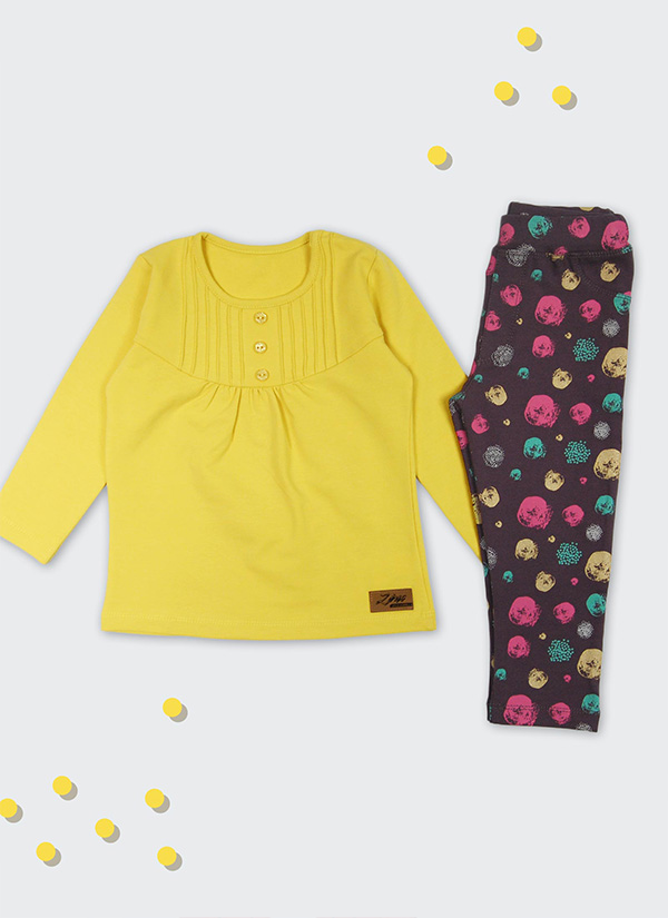 ZINC Комплект жълта блузка с дълъг ръкав и клин на точки - момичета в размери от 6 месеца до 2 години