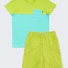Комплект тениска с цветен блок и джоб в силно жълт + светъл електрик и къс панталон жълто-зелен меланж, за момчета, 2-12 години, Zinc