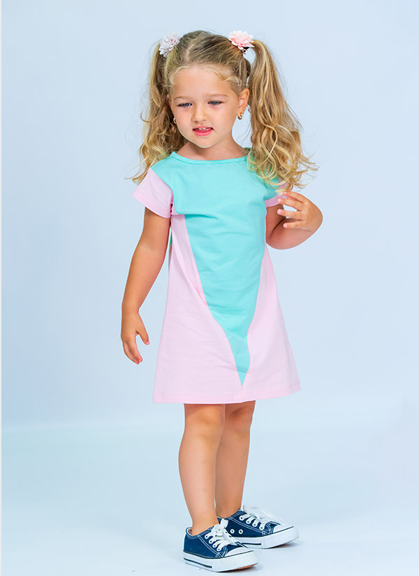 Лятна рокля-тениска "Сладолед" с геометрична форма на триъгълник, ледена мента + розов, за момичета, 2-6 години, Zinc