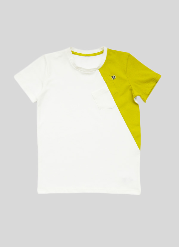 ZINC Асиметрична тениска с изместен джоб - екрю + горчица, в размери от 2 до 12 години