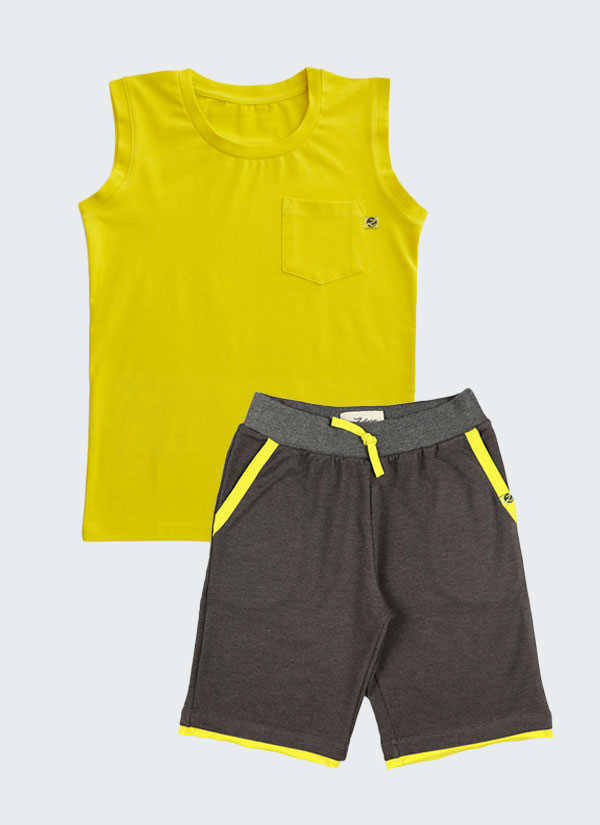 Комплект тениска без ръкави и джоб в цвят силно жълт и къс панталон в графит меланж с кантове в силно жълт, за момчета, 2-12 години, Zinc