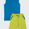 Комплект тениска без ръкави и джоб в цвят тъмен петрол и къс панталон в жълто-зелен меланж с кантове в тъмен петрол, за момчета, 2-12 години, Zinc