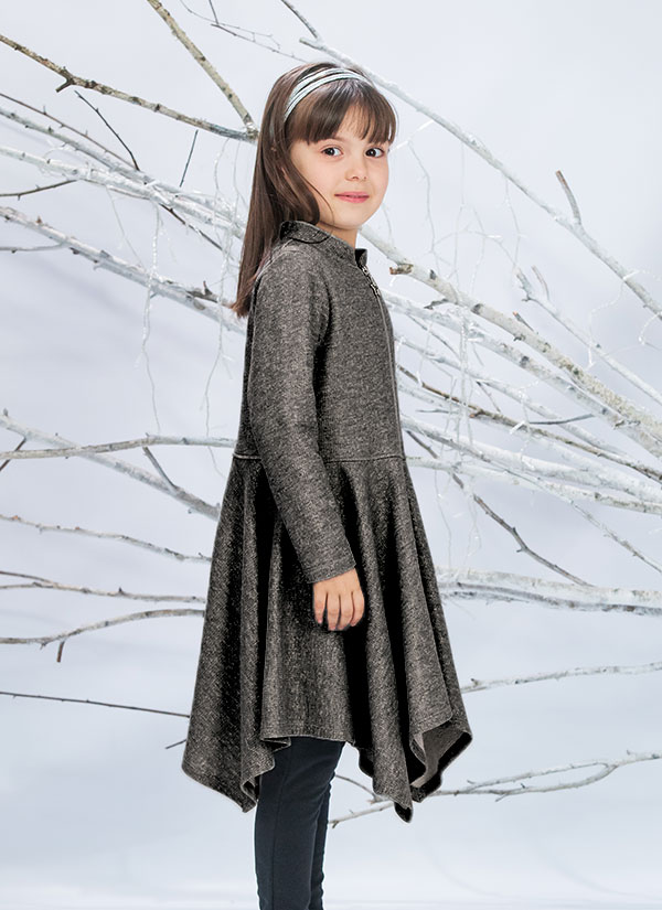 Суитшърт рокля от тъмен лъскав плат - дълъг до коляното с цип, 4 - 8 години, Zinc - снимка с дете