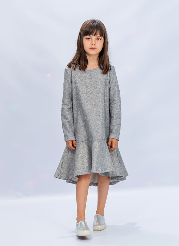 Свободна рокля от лъскав плат в сив меланж, отпред, облечена на дете, момиче, 2 - 12 години, Zinc