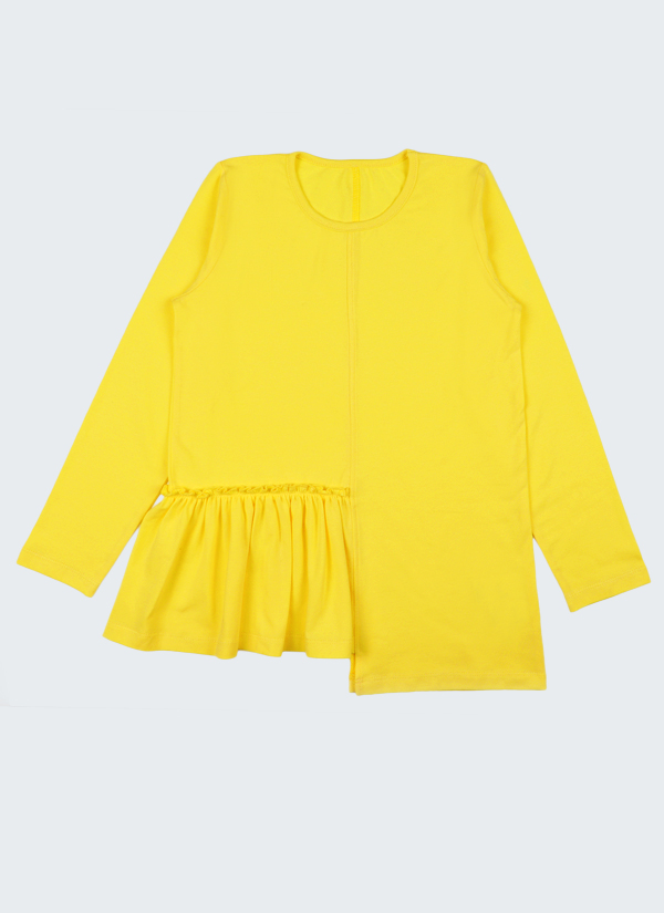 Блуза с асиметричен волан е изчистен модел, леко удължен от лявата страна и волан от дясната в звънливо жълт цвят, Момичета 2 - 12 години Zinc