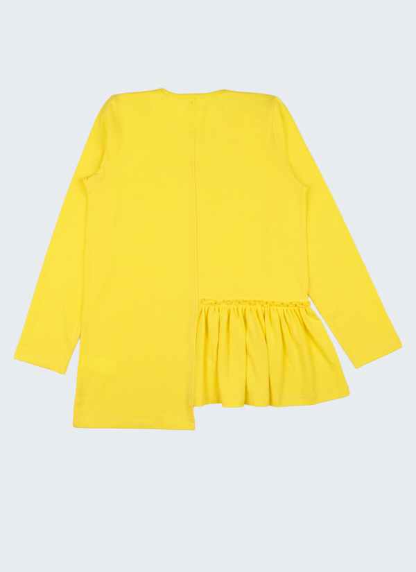 Блуза с асиметричен волан е изчистен модел, леко удължен от лявата страна и волан от дясната в звънливо жълт цвят,отзад Момичета 2 - 12 години Zinc