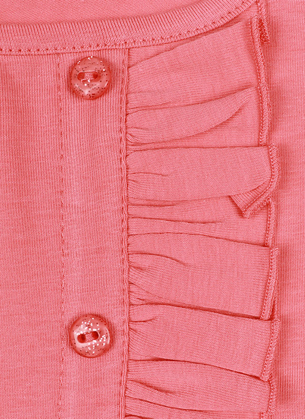 Блуза с копчета и къдри е елегантен модел с имитиращо закопчаване от копчета и къдра, и набран волан на талията в цвят праскова, от близо, Момичета 2 - 12 години, Zinc
