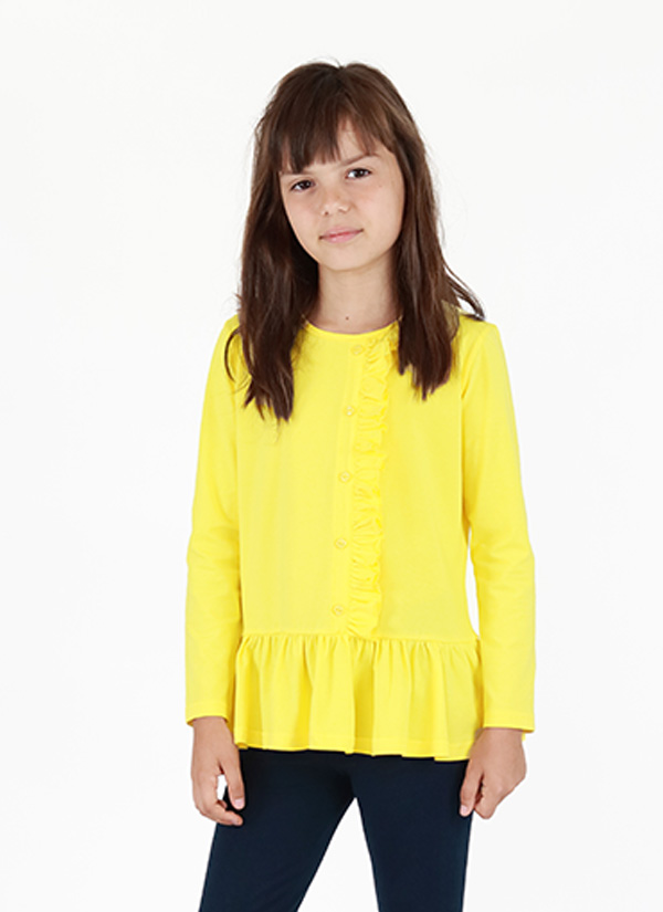 Блуза с копчета и къдри е елегантен модел с имитиращо закопчаване от копчета и къдра, и набран волан на талията в жълт цвят, снимка с модел, Момичета 2 - 12 години, Zinc