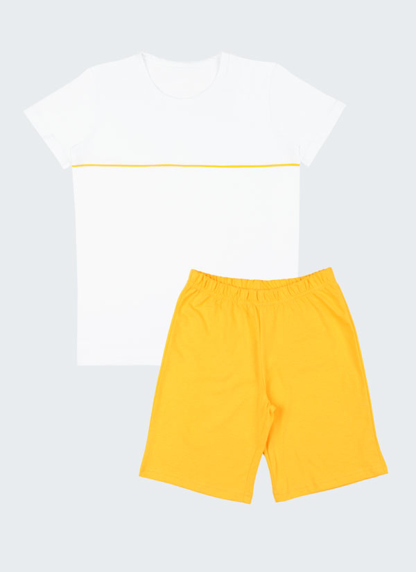 Лятна класическа пижама включва тениска с пипинг и изчистени къси панталони в цвят бял + жълт, Момчета 2 - 12 години, Zinc
