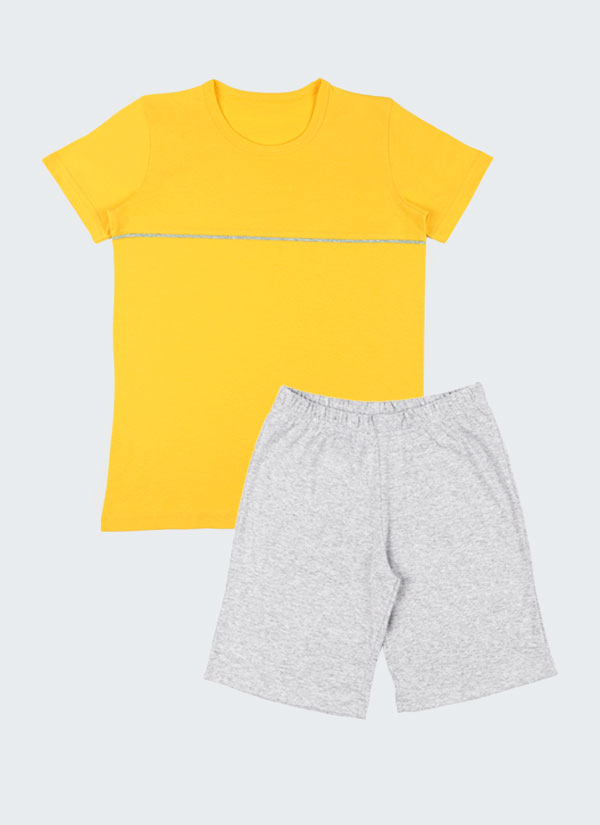 Лятна класическа пижама включва тениска с пипинг и изчистени къси панталони в цвят жълт + сив меланж, Момчета 2 - 12 години, Zinc