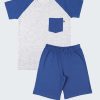Лятна пижама с джоб включва тениска с реглан ръкав и джоб от ляво и изчистени къси панталони в цвят бял меланж + джинс, Момчета 2 - 12 години, Zinc