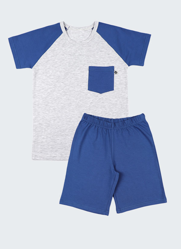 Лятна пижама с джоб включва тениска с реглан ръкав и джоб от ляво и изчистени къси панталони в цвят бял меланж + джинс, Момчета 2 - 12 години, Zinc