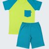 Лятна пижама с джоб включва тениска с реглан ръкав и джоб от ляво и изчистени къси панталони в цвят жълто-зелен + тъмен петрол, Момчета 2 - 12 години, Zinc
