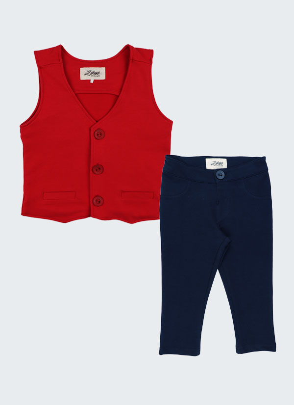 К-т елегантен елек и панталон от трико включва изчистен класически модел елек в червен цвят и панталон с джобове отзад и имитация на джоб отпред в тъмно син цвят, Момчета 6 месеца - 4 години, Zinc