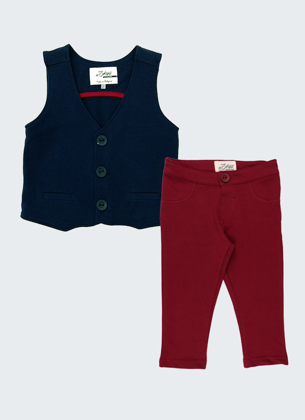 К-т елегантен елек и панталон от трико включва изчистен класически модел елек в тъмно син цвят и панталон с джобове отзад и имитация на джоб отпред в цвят бордо, Момчета 6 месеца - 4 години, Zinc