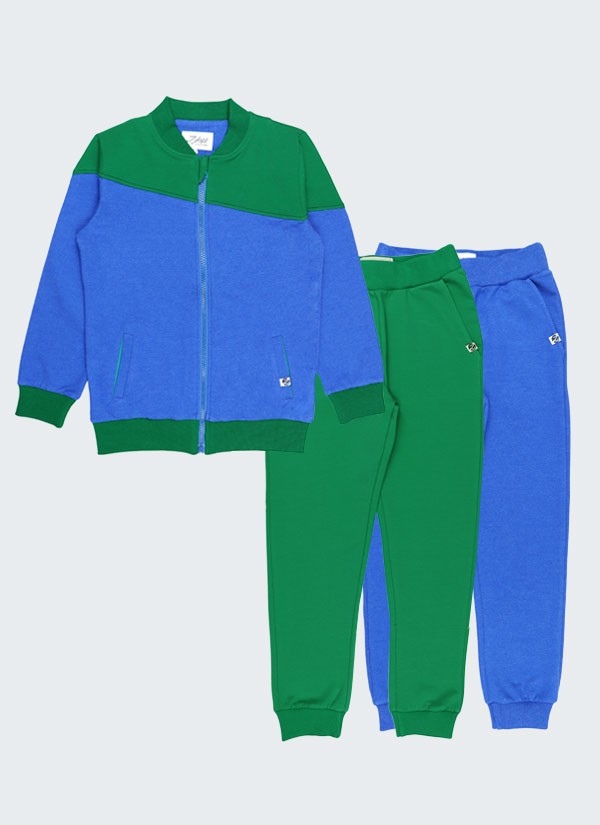 К-т спортен суитшърт и 2 долнища - асиметричен двуцветен суитшърт и две класически долнища в двата цвята от суитшърта. Цветова комбинация: бг зелен + сакс меланж, Момчета 2 - 12 години, Zinc
