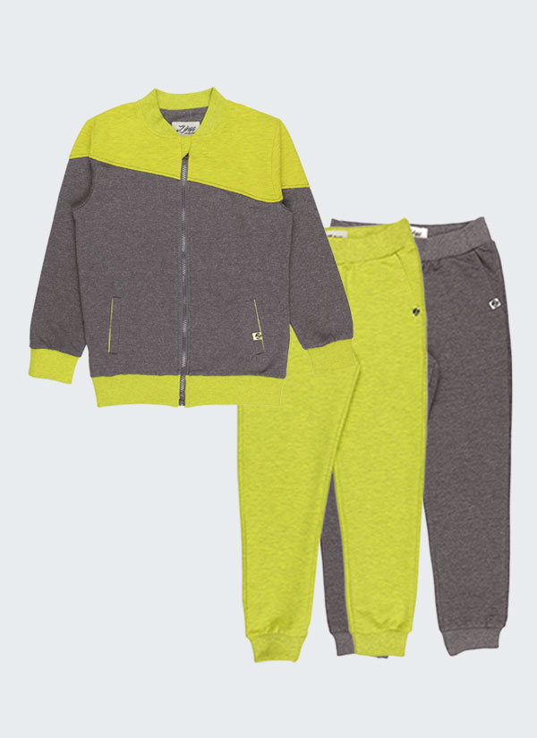 К-т спортен суитшърт и 2 долнища - асиметричен двуцветен суитшърт и две класически долнища в двата цвята от суитшърта. Цветова комбинация: графит меланж + жълто-зелен меланж, Момчета 2 - 12 години, Zinc