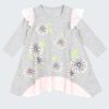 Рокля ''Хризантеми'' е свободен модел с принт на цветя и дантела на ръкавите и в долната част на роклята в цвят сив меланж, Момичета 6 м. - 2 г, Zinc