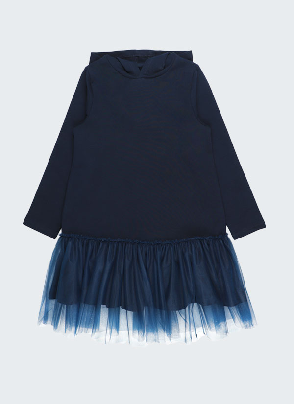 Рокля с тюл и качулка е спортна изчистена рокля с дълъг ръкав и завършва с волан от тюл в долната част в тъмно син цвят, Момичета 2 - 12 години, Zinc
