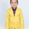 Сако от памучен плат е елегантно класическо сако с джобове, което се закопчава с копчета в жълт цвят, снимка с модел, Момчета 2 - 10 години, Zinc