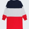 Спортна рокля в три цвята е изчистен прав модел с дълъг ръкав в цветове - тъмно син, бял меланж и червен, Момичета 2 - 12 години, Zinc