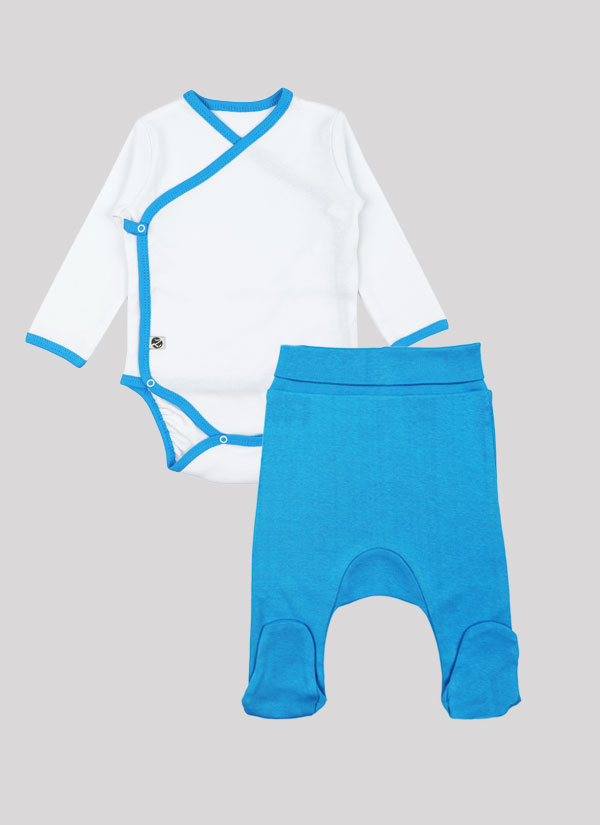 К-т боди кимоно с дълъг ръкав и ританки - боди в бял цвят и ританки в син цвят, Бебета 0 - 6 месеца, Zinc