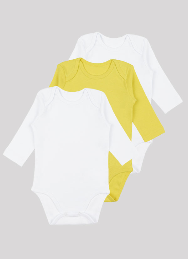 Бебешко боди с дълъг ръкав - 3бр. е комплект от три класически бодита с прихлупване на рамото и закопчаване с тик-так копчета в долната част при памперса. Цветове в комплекта: 2 бр. бял, 1 бр. жълт, Бебета 0 - 2 години, Zinc
