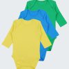 Бебешко боди с дълъг ръкав - 3бр. е комплект от три класически бодита с прихлупване на рамото и закопчаване с тик-так копчета в долната част при памперса. Цветове в комплекта: жълт, син, зелен, Бебета 0 - 2 години, Zinc