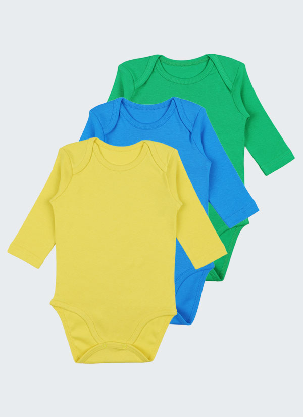 Бебешко боди с дълъг ръкав - 3бр. е комплект от три класически бодита с прихлупване на рамото и закопчаване с тик-так копчета в долната част при памперса. Цветове в комплекта: жълт, син, зелен, Бебета 0 - 2 години, Zinc