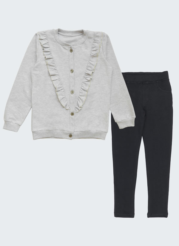 К-т жилетка и клин-панталон включва жилетка с къдри в предната част, която се закопчава с копчета в цвят бял меланж и класически клин-панталон в черен цвят, Момичета 2 - 12 години, Zinc