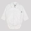 Боди-риза е изчистен модел с яка и дълъг ръкав, закопчава се отпред и на дъното с тик-так копчета, има ластик при крачетата в бял цвят, Бебета 0 - 2 години, Zinc