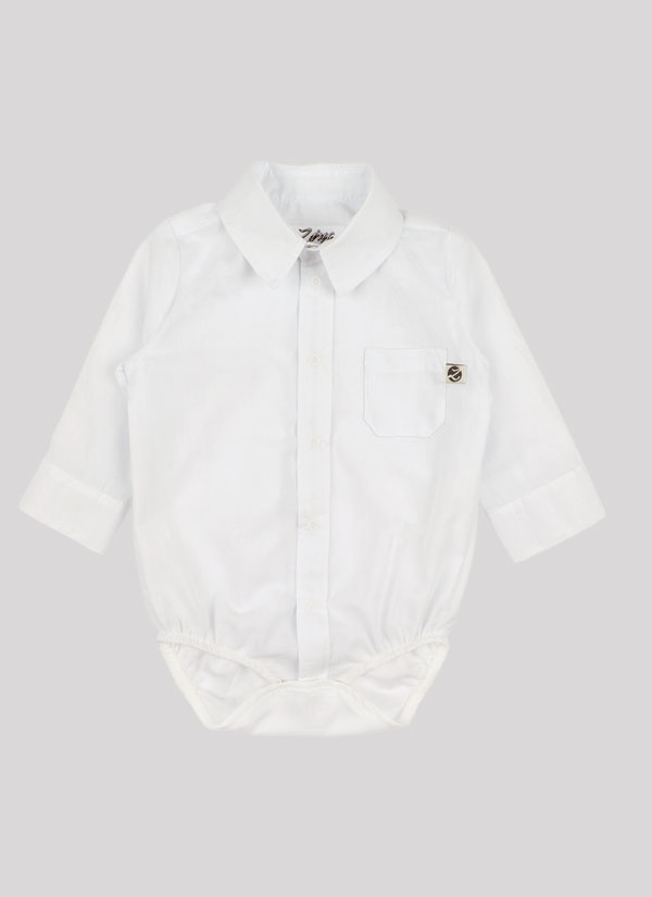 Боди-риза е изчистен модел с яка и дълъг ръкав, закопчава се отпред и на дъното с тик-так копчета, има ластик при крачетата в бял цвят, Бебета 0 - 2 години, Zinc