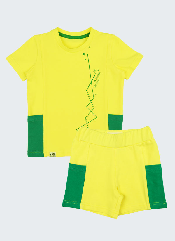К-т тениска и къс панталон с цветни джобове - тениска с платки на предната и задната част и цветни прави странични джобове и къс панталон с цветни странични джобове, цвят на комплекта лимонено жълт и бг зелен, Момчета 2 - 5 години, Zinc