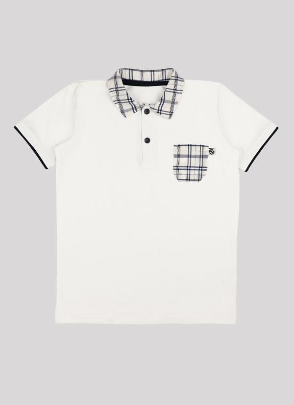 Риза с кариран джоб е изчистен модел поло тениска с три копчета, карирана яка и джоб в цвят екрю, Момчета 5 - 12 години, Zinc