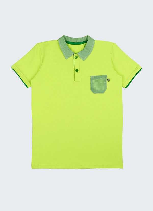 Риза с кариран джоб е изчистен модел поло тениска с три копчета, карирана яка и джоб в жълто-зелен цвят, Момчета 5 - 12 години, Zinc