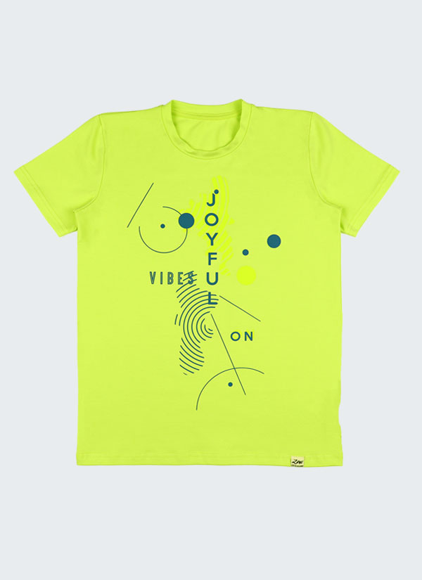 Тениска с геометрични елементи е класическа тениска с принт и надпис "Включи щастливото настроение" в жълто-зелен цвят, Момчета 5 - 12 години, Zinc